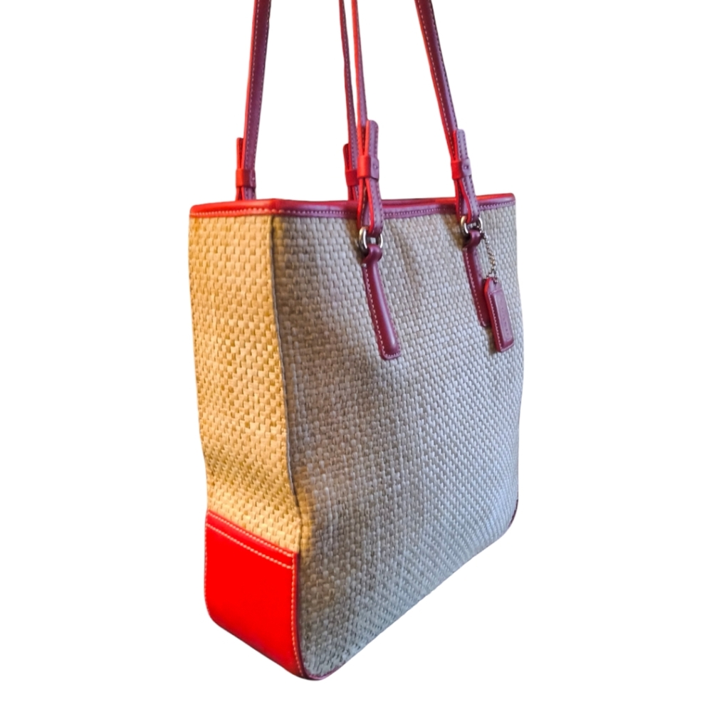 Vintage Coach Cabana Woven Straw and Red Leather Tote - Picture 3 of 13